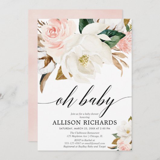 Blütenpink-weiße, rustikale Magnolienblüte Einladung (Vorne/Hinten)