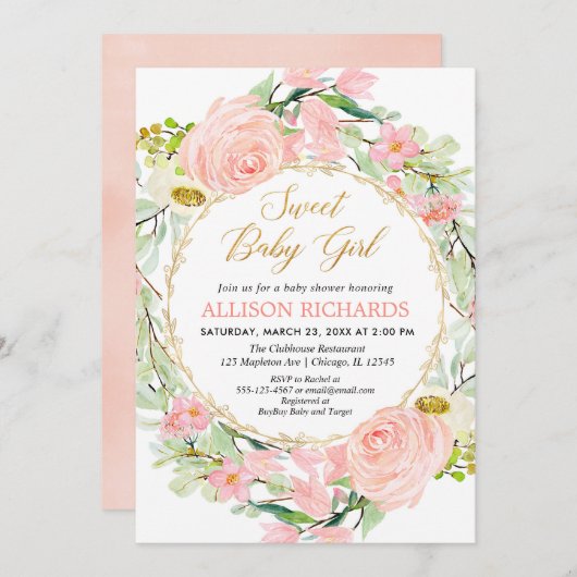 Blütenpinke und goldene Blumendusche Einladung (Vorne/Hinten)