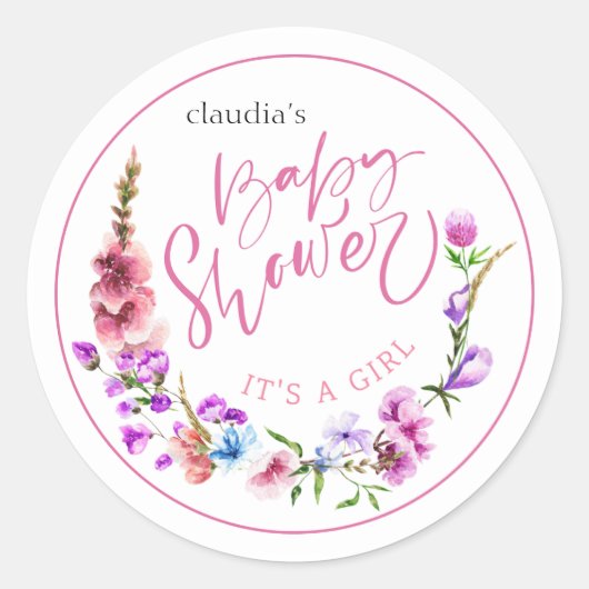 Blütenpinke und violette Aquarellblütendusche Runder Aufkleber (Vorderseite)