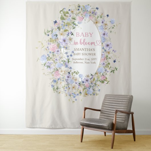 Blütenpinkfarbenes Baby lila-blauer Boho Wildblume Wandteppich (Beispiel)