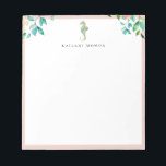 Blütenrahmen für botanisches Seepferd Notizblock<br><div class="desc">Elegante Aquarellbouquets und Seepferd Logo-Design mit Perlblütenrahmen,  personalisiert mit Namen,  Notizblock. Text Schriftart Stil und Farbe können angepasst werden.</div>