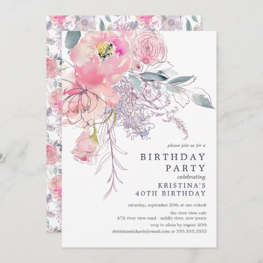 Blütenrosa Aquarellfarbe Blumengeburt Einladung (Vorne/Hinten)