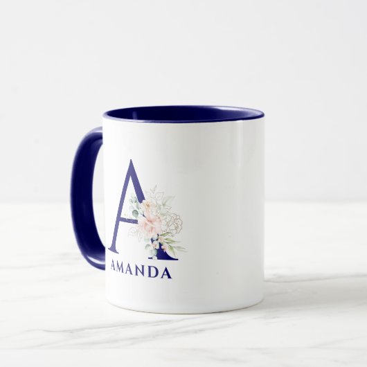 Blütenrosa Aquarellfarben Bouquet Monogram Tasse (Vorderseite Links)