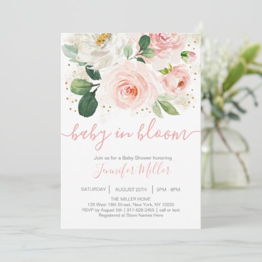 Blütenrosa Baby in Blütendusche Einladung (Stehend Vorderseite)