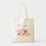 Blütenrosa Blumen und Name Tragetasche<br><div class="desc">Geben Sie die Gabe der Organisation und Hilfe mit einem rosa rot blush Blumen & goldrahmen tote Tasche personalisiert mit Ihrem oder Ihren Freunden / Familie / Brautparty Namen.</div>