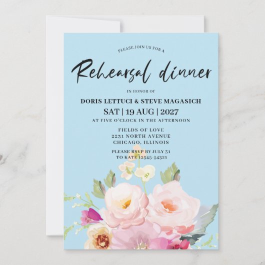 Blütenrosa Blumenblauer Probe Abendessen Einladung (Vorderseite)