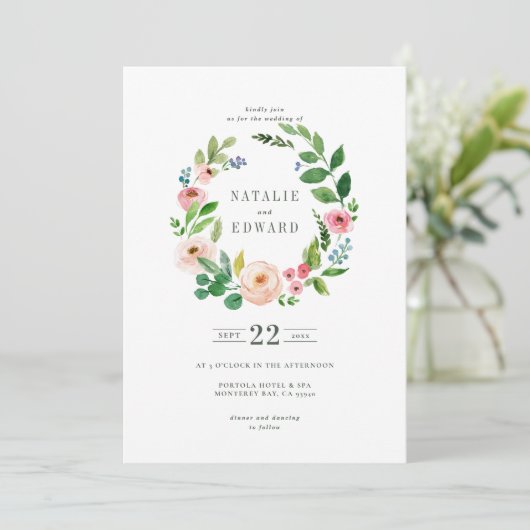 Blütenrosa Blumenkranz Einladung (Stehend Vorderseite)