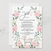 Blütenrosa Blumenkraut Lamm Virtual Baby Dusche Einladung (Vorderseite)