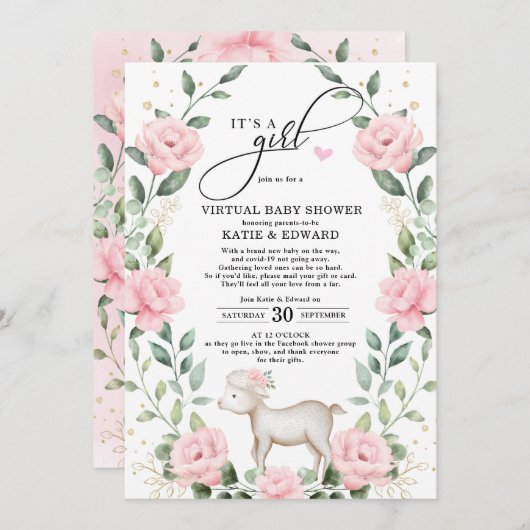 Blütenrosa Blumenkraut Lamm Virtual Baby Dusche Einladung (Vorne/Hinten)