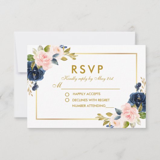 Blütenrosa Blush Blue Wedding RSVP Gold Karte (Vorderseite)