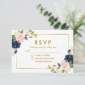 Blütenrosa Blush Blue Wedding RSVP Gold Karte (Stehend Vorderseite)