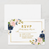 Blütenrosa Blush Blue Wedding RSVP Gold Karte (Vorne/Hinten)