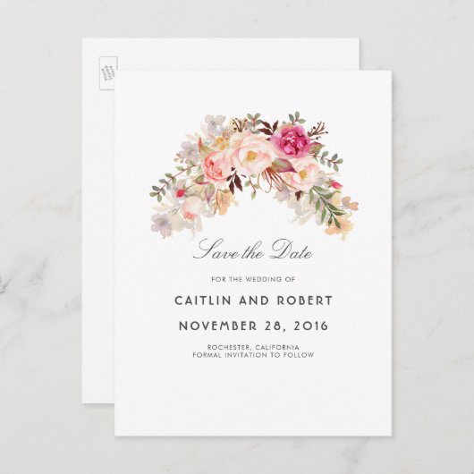 Blütenrosa Blütenfarbe Save the Date Ankündigungspostkarte (Vorne/Hinten)