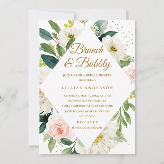 Blütenrosa Blütengoldbrunch und Bubbly Einladung (Vorderseite)