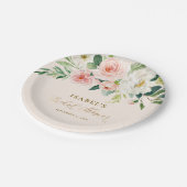 Blütenrosa Blütengoldfarben Personalisiertes Braut Pappteller (Schrägansicht)