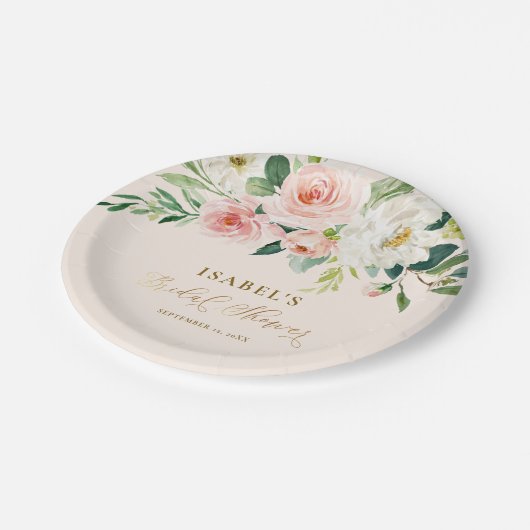 Blütenrosa Blütengoldfarben Personalisiertes Braut Pappteller (Schrägansicht)