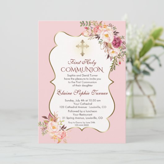 Blütenrosa Blütengrün Erste Heilige Kommune Einladung (Stehend Vorderseite)