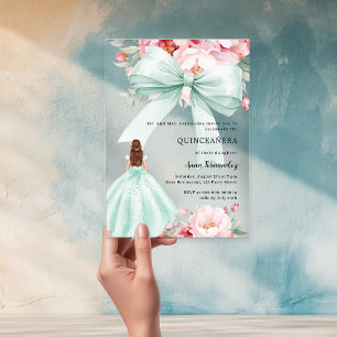 Blütenrosa Bogen Blütengrün Kleid Quinceanera Acryleinladungen