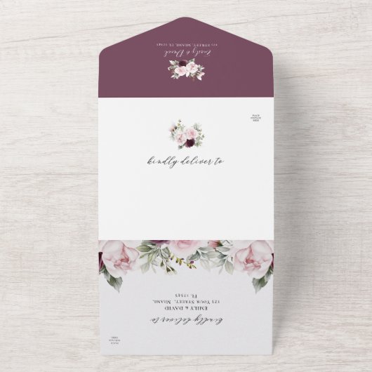 Blütenrosa | Burgund-Rose Hochzeit All In One Einladung (Außenbereich)