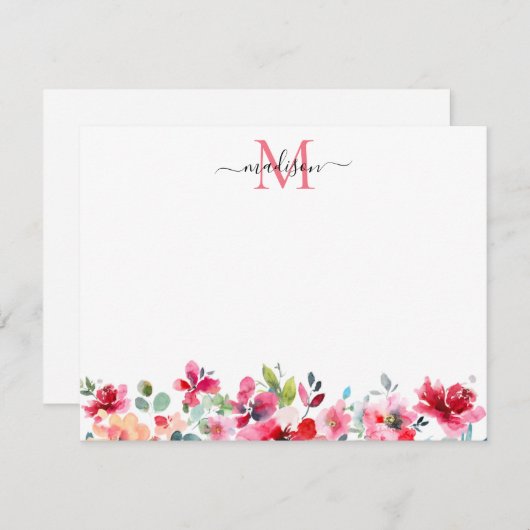 Blütenrosa Burgundy Rote Rose Peony Monogram Mitteilungskarte (Vorne/Hinten)