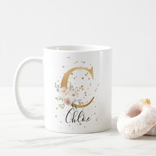 Blütenrosa Creme Aquarellfarbenmonogramm C Kaffeetasse (Mit Donut)