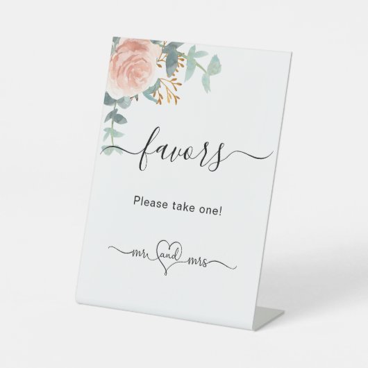 Blütenrosa Eukalyptus-Gastgeschenke Hochzeiten Sockelschild (Vorderseite)