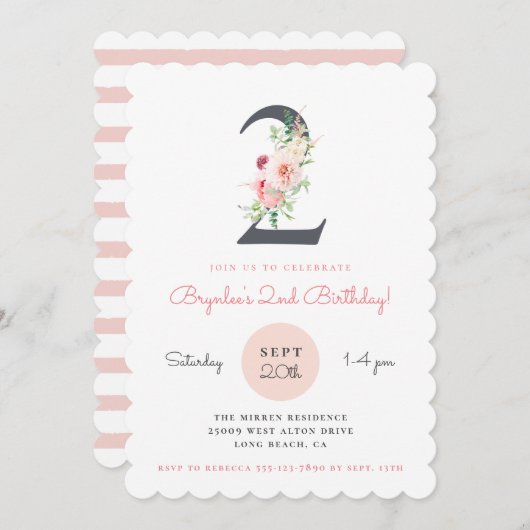 Blütenrosa Floral 2. Geburtstag Einladung (Vorne/Hinten)