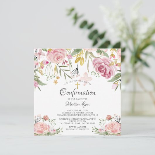 Blütenrosa Floral Bestätigung Einladung (Stehend Vorderseite)