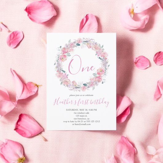 Blütenrosa Floral Erster Geburtstag Einladung