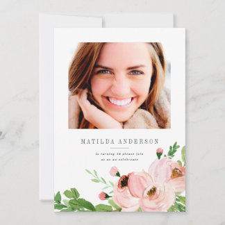 Blütenrosa Foto Geburtstag einladen Feiertagskarte