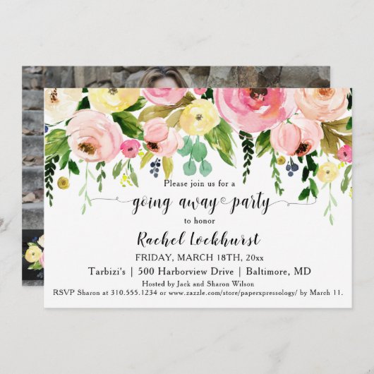 Blütenrosa Gelbe Blütenblüten verschwinden Party Einladung (Vorne/Hinten)