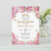 Blütenrosa Glitzer Tiara Quinceñera Einladung (Stehend Vorderseite)