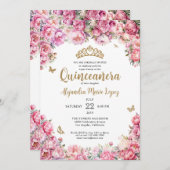 Blütenrosa Glitzer Tiara Quinceñera Einladung (Vorne/Hinten)