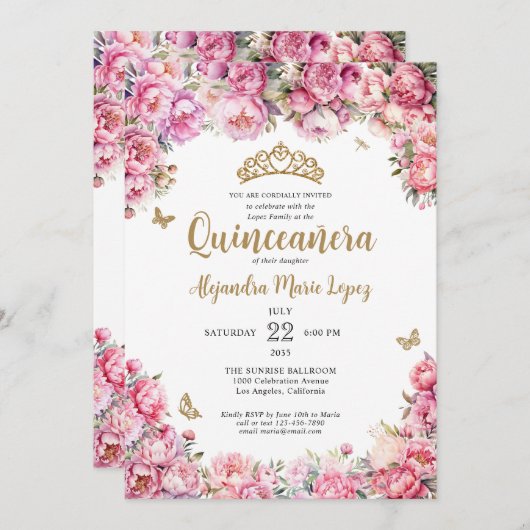 Blütenrosa Glitzer Tiara Quinceñera Einladung (Vorne/Hinten)