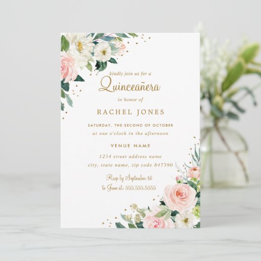 Blütenrosa Gold Quinceanera Einladung (Stehend Vorderseite)