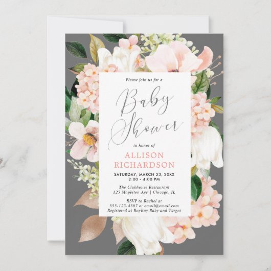 Blütenrosa, graue Dusche Einladung (Vorderseite)