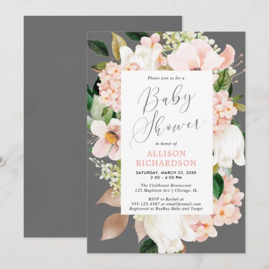 Blütenrosa, graue Dusche Einladung (Vorne/Hinten)