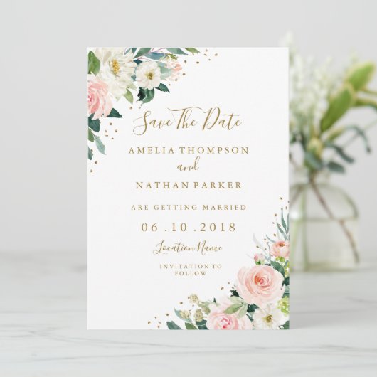 Blütenrosa-Hochzeit spart das Datum Einladung (Stehend Vorderseite)