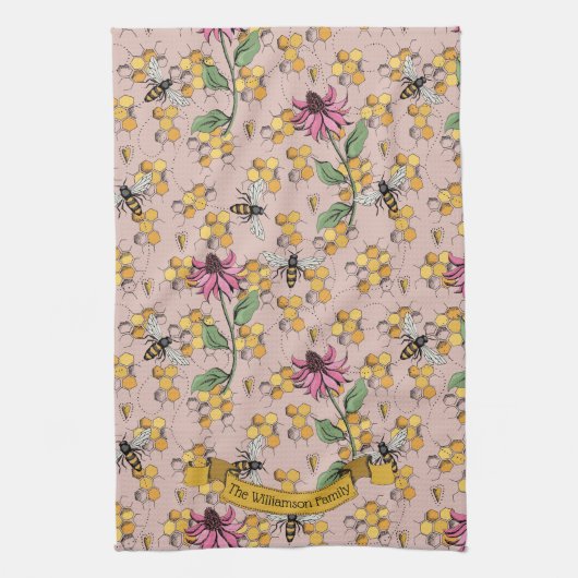 Blütenrosa Königin Bee & Honeycomb Geschirrtuch (Vertikal)