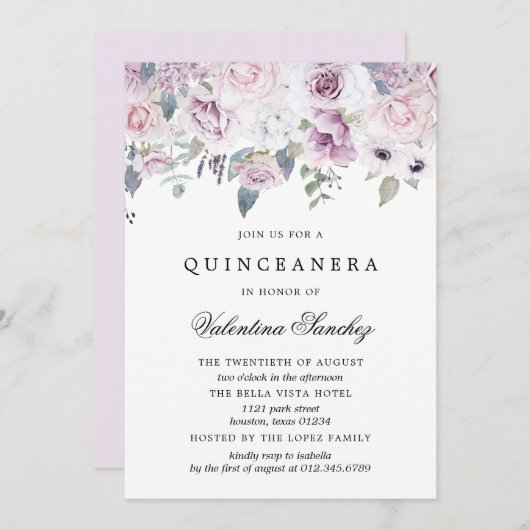 Blütenrosa Lila Aquarellfarben Quinceanera Einladung (Vorne/Hinten)