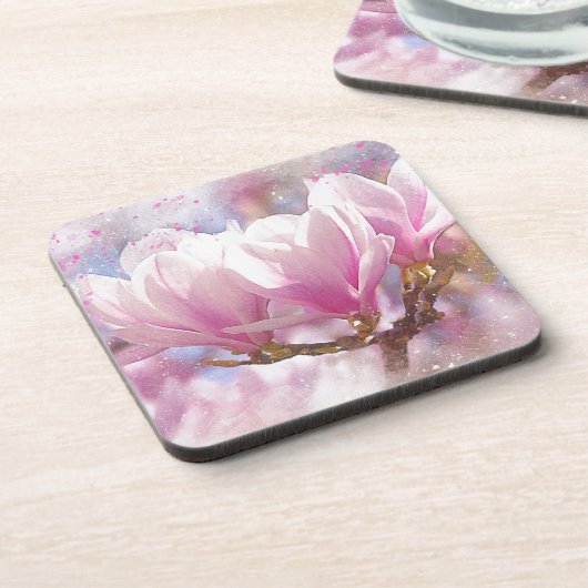 Blütenrosa Lila Magnolien - Frühjahrswoche Blume Getränkeuntersetzer (Linke Seite)