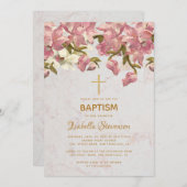 Blütenrosa Orchideen Marmor Gold Cross Taufe Einladung (Vorne/Hinten)