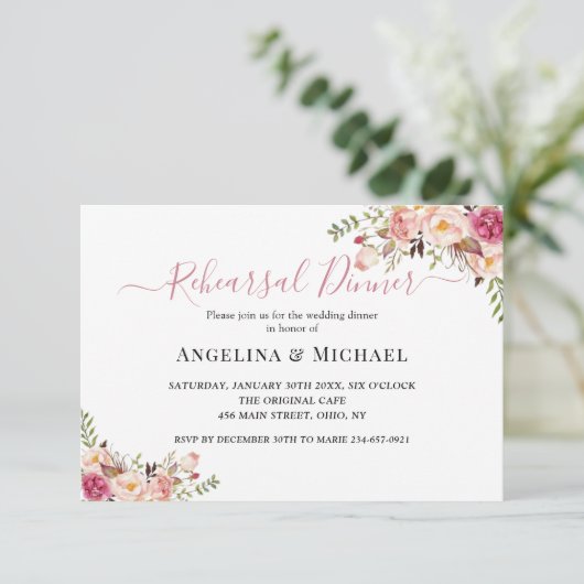 Blütenrosa Probe zum Hochzeitsessen Einladung (Stehend Vorderseite)