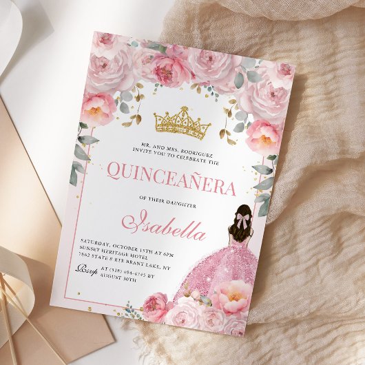 Blütenrosa Quinceanera Gold Prinzessin Einladung