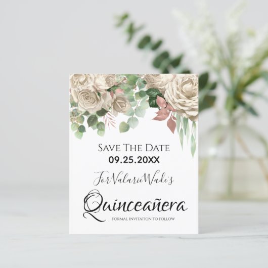 Blütenrosa Quinceanera Save the Date (Stehend Vorderseite)