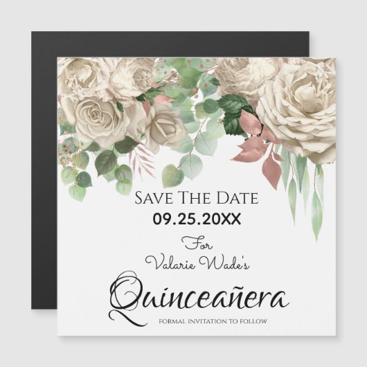 Blütenrosa Quinceanera Save the Date Magnetkarte (Vorne/Hinten)