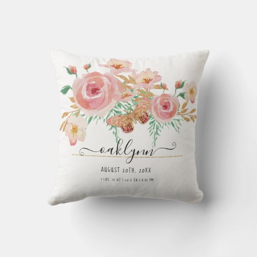 Blütenrosa Rose Baby Girl Birth Stats Weiß Kissen (Rückseite)