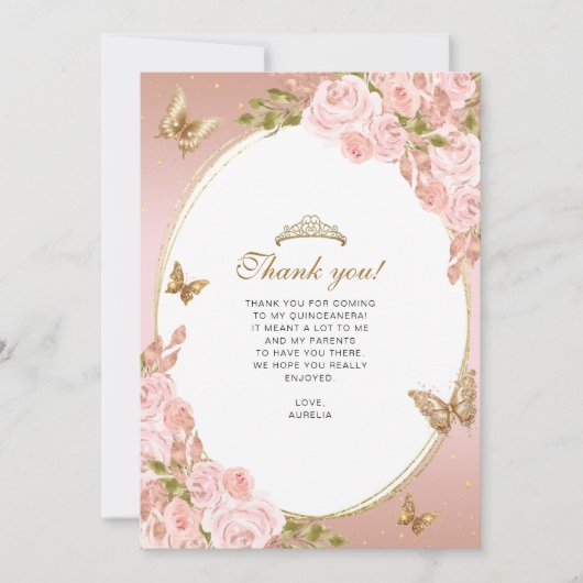 Blütenrosa-Schmetterling Quinceañera-Foto Dankeskarte (Vorderseite)
