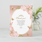 Blütenrosa-Schmetterling Quinceañera-Foto Dankeskarte (Stehend Vorderseite)