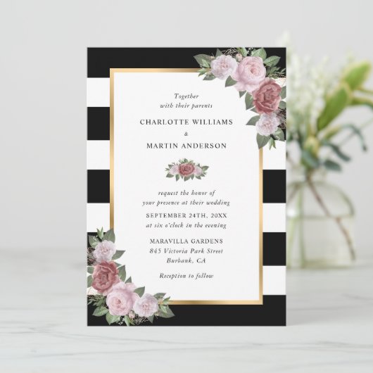 Blütenrosa Schwarz-weiße Streifen Hochzeit Einladung (Stehend Vorderseite)
